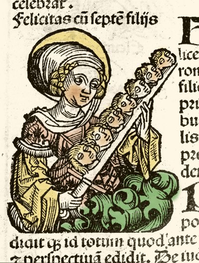 Darstellung der heiligen Felicitas, Martyrium in Rom mit den Köpfen ihrer sieben Kinder. Holzschnitt von Hartmann Schedel „Chronik von Nürnberg“ 1493 von Hartmann Schedel