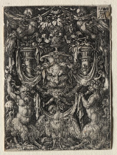 Ornamententwurf mit Maske und einem Adler zwischen zwei Faunen darunter von Heinrich Aldegrever