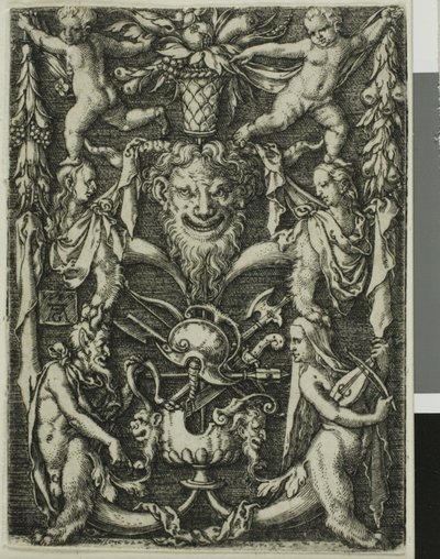Ornamentales Design mit einem Paar Satyrn, Kindern und einer Trophäe von Heinrich Aldegrever