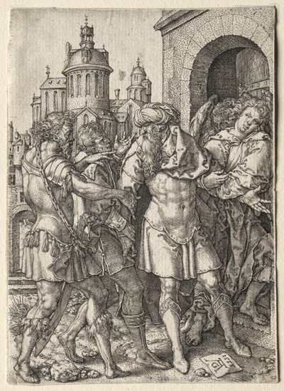 Die Geschichte von Lot: Lot verhindert die Gewalt der Sodomiten von Heinrich Aldegrever