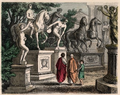 Antikes Griechenland: Statuen der olympischen Champions in Olympia errichtet, 1866 von Heinrich Leutemann