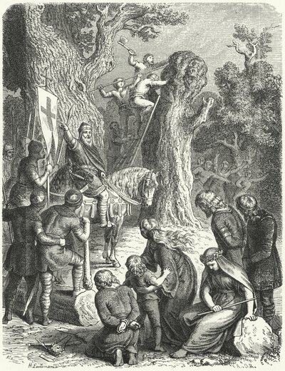 Karl der Große befiehlt das Fällen der Irmensäule, heiliger Baum der Sachsen, 772 (Stich) von Heinrich Leutemann