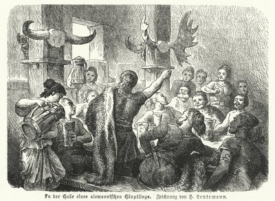 Festmahl in der Halle eines germanischen Häuptlings (Gravur) von Heinrich Leutemann