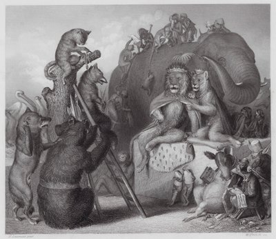 Reineke der Fuchs: Reineke am Hinrichtungsort (Gravur) von Heinrich Leutemann