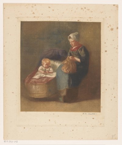 Handarbeitende Frau neben einem Kind in einer Wiege von Heinrich M. Krabbé (signed by artist)