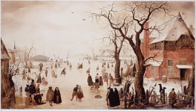Winterlandschap met schaatsers bij een dorp von Hendrick Avercamp