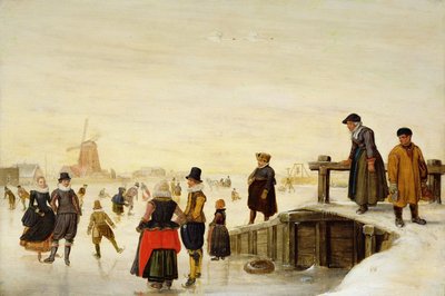 Figuren beim Schlittschuhlaufen in einer niederländischen Landschaft von Hendrick Avercamp