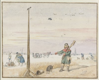 Winterlandschaft mit einem Entenjäger mit Beute im Gürtel und seiner Waffe über der Schulter am Ufer eines zugefrorenen Flusses von Hendrick Avercamp