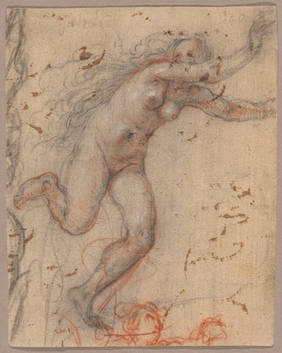 Eine nackte weibliche Figur flieht nach rechts mit ausgestreckten Armen, mit Skizze einer Büste einer sekundären Figur (recto); Eine Skizze einer nackten, knienden weiblichen Figur, unterstützt von einer anderen stehenden (verso) von Hendrick Goltzius