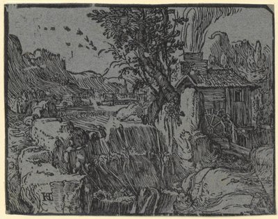 Landschaft mit Wasserfall und Mühle, Blatt 1 der Folge „Vier kleine Landschaften“ von Hendrick Goltzius