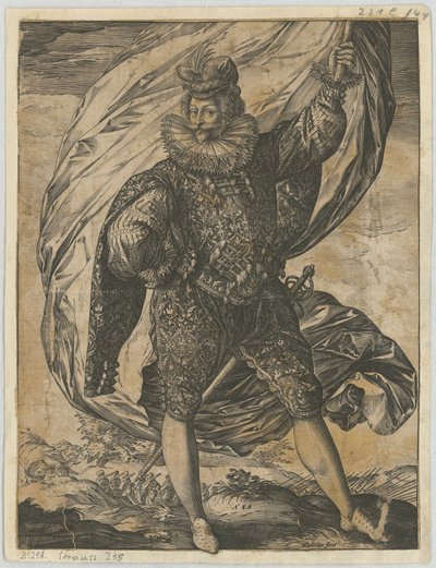 Stehender Fahnenträger, den Kopf nach links gewandt von Hendrick Goltzius
