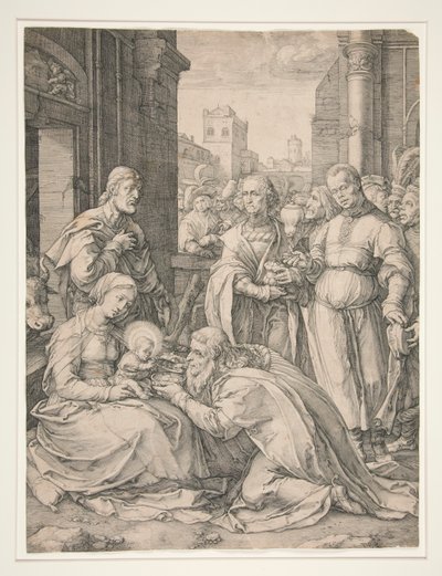 Die Anbetung der Heiligen Drei Könige, aus der Serie Die Geburt und das frühe Leben Christi von Hendrick Goltzius