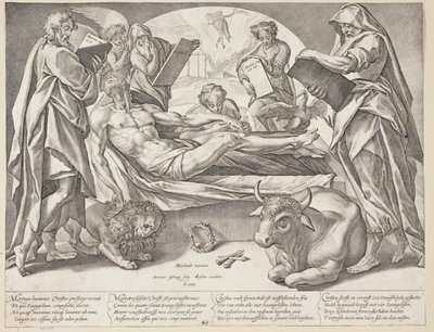 Der tote Christus und die vier Evangelisten von Hendrick Goltzius