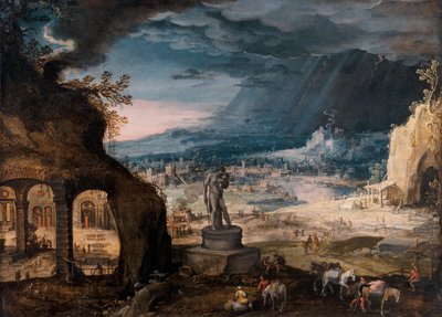Landschaft mit einer Statue von Saturnos/Allegorie des Zeitvergehens von Hendrick van Cleve