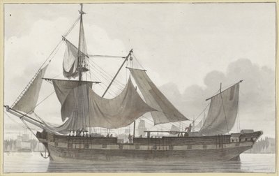 Dreimaster unter Notbesegelung, läuft mit schwachem Wind in einen Hafen ein von Hendrik Abraham Klinkhamer