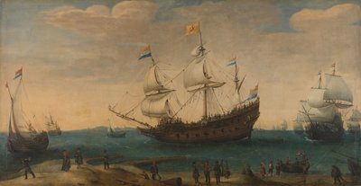 Eine Anzahl von Ostindienfahrern vor der Küste (Die Mauritius und andere Ostindienfahrer segeln aus dem Marsdiep) von Hendrick Cornelisz. Vroom