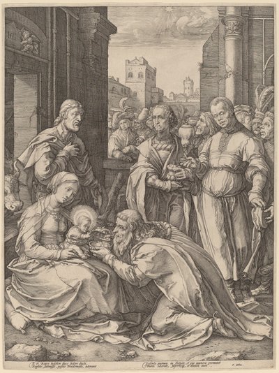 Die Anbetung der Könige von Hendrik Goltzius in the style of Lucas van Leyden