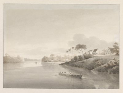 Ansicht einiger Häuser an einem Fluss, möglicherweise die Jodensavanne von Hendrik Huygens