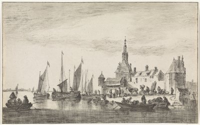 Flussansicht mit Händlern an einem Ufer bei Häusern von Hendrik Spilman