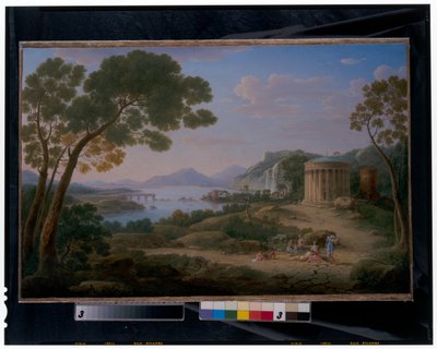 Weitläufige klassische Landschaft mit Figuren, die vor einem Tempietto sitzen von Hendrik van Lint