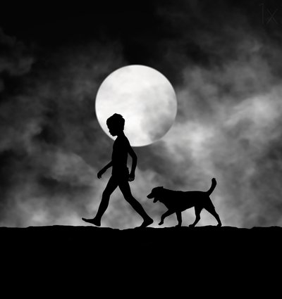 Mondbeschienenes Kind und Hund von Hengki Lee