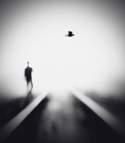 Einsamer Mann mit fliegendem Vogel von Hengki Lee