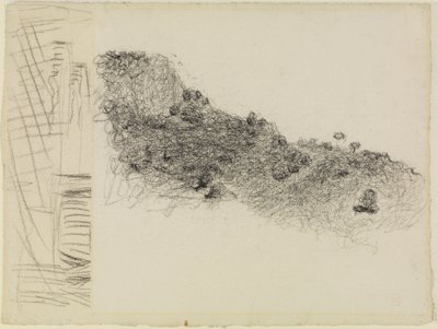 Nach rechts abfallender Höhenzug in Südfrankreich, links daneben Fragment einer anderen Zeichnung von Henri-Edmond Cross