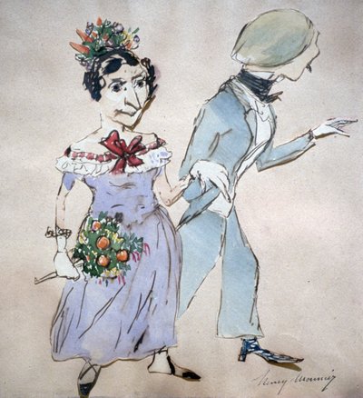 Paar mit einem Blumenstrauß. Aquarell von Henri Monnier (1805-1877) französischer Karikaturist. Mann Frau von Henri Bonaventure Monnier