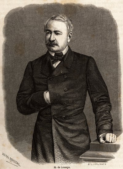 Porträt von Ferdinand de Lesseps (1805-1894), Diplomat und Unternehmer, Förderer der beiden ehrgeizigen Projekte: der Kanäle von Suez und Panama, Zeichnung von Henri Rousseau, zur Illustration eines Ausflugs zum Suezkanal im Jahr 1862 von Paul Merruau. Gra von Henri Emilien Rousseau