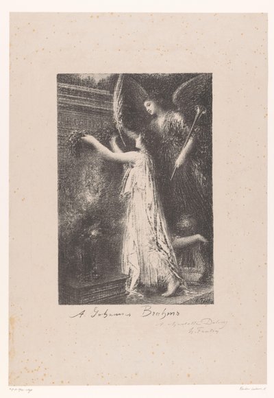 Engel und Personifikation des Ruhms bringen einen Ehrenkranz bei der Grabstätte von Johannes Brahms von Ignace Henri Jean Fantin Latour