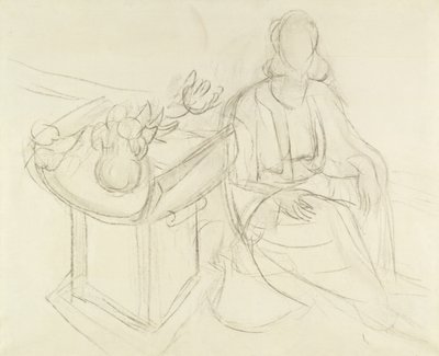 Sitzende Frau - Stillleben mit Blumen auf einem Tisch von Henri Matisse