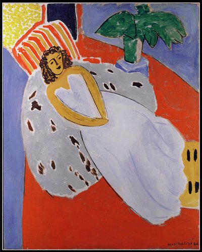 Junge Frau in Weiß, roter Hintergrund von Henri Matisse