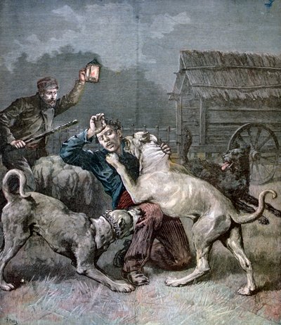 Ein Verbrecher wird von drei großen Hunden angegriffen, 1891 von Henri Meyer
