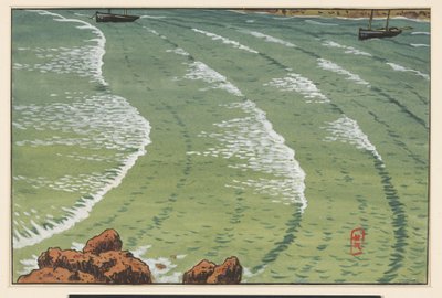 Meer in einer Bucht mit Schiffen vor der felsigen Küste von Henri Rivière