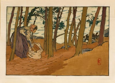 Frau, die Kiefernnadeln sammelt (Ufer des Trieux, Loguivy) von Henri Rivière