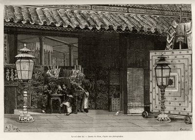 König Dong Khanh (1864-1889), Kaiser von Annam, zu Hause in der Kaiserstadt Hue (Vietnam). Gravur von Thiriat zur Illustration der Geschichte „Trente mois au Tonkin“ von Dr. Charles Edouard Hocquard (1853-1911), 1885, in Le tour du monde, nouveau journal d von Henri Thiriat