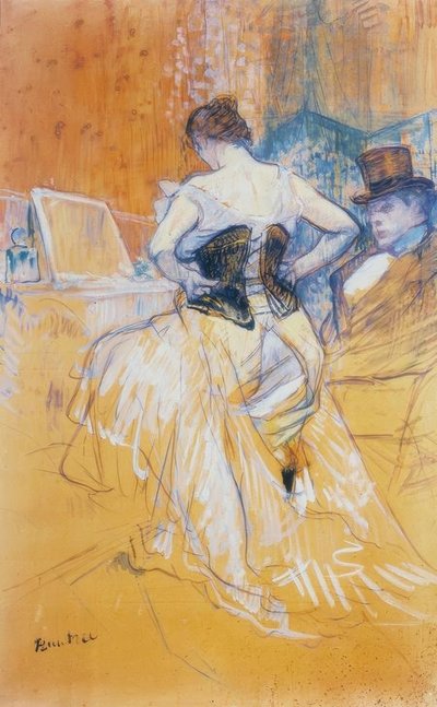 Frau zieht ihr Korsett an, flüchtige Eroberung von Henri de Toulouse Lautrec