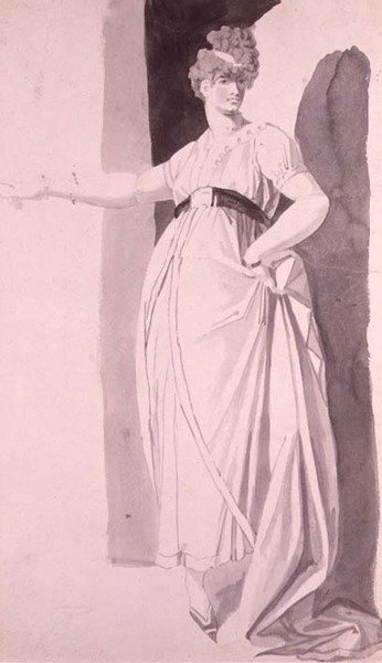 Junge Frau mit aufwendiger Frisur, die mit ausgestrecktem rechten Arm steht (Bleistift & Waschung) von Johann Heinrich Füssli