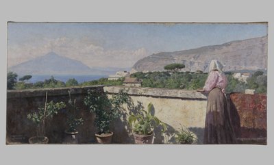 Frau auf der Terrasse des Cocumella Hotels. Blick auf den Vesuv von Henry Brokman Knudsen