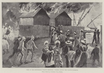 Feuer im Modykhana-Pestkrankenhaus, Krankenschwestern retten die einheimischen Patienten von Henry Charles Seppings Wright