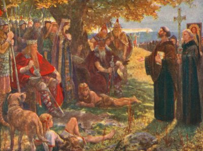 Der heilige Augustinus predigt Ethelbert, König von Kent, und zeigt ihm das Kreuz und ein Bild des Erlösers von Henry Justice Ford