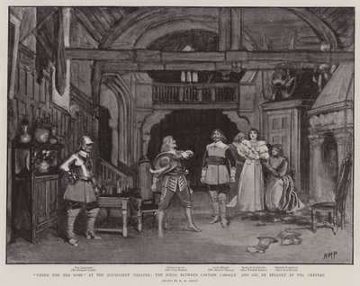 Unter dem roten Gewand im Haymarket Theatre, die Szene zwischen Captain Larolle und Gil de Berault im Schloss von Henry Marriott Paget