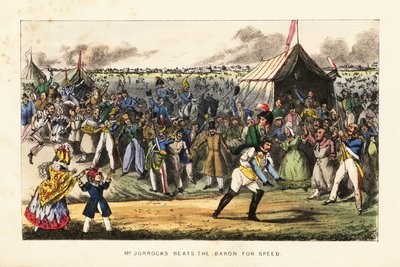 Englische Gentlemen wetten auf ein ungewöhnliches Fußrennen während eines Pferderennens auf dem Champs de Mars, Paris von Henry Thomas (after) Alken