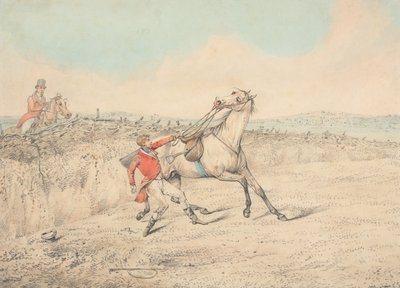 Reiter, der sich nach einem Sturz an einem grauen Pferd festhält von Henry Thomas Alken