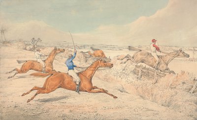 Hindernisrennen: Vier Reiter nehmen einen Graben und einen Oxer von Henry Thomas Alken