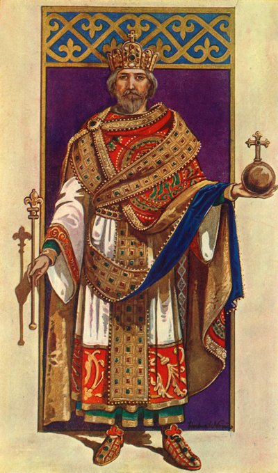 Der Kaiser Karl der Große in voller Staatskleidung, 800 n. Chr., 1924 von Herbert Norris