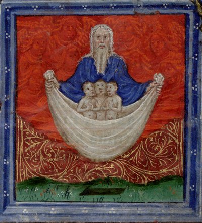 Gott der Vater mit drei Seelen, die aus den Toten auferweckt werden, Stundenbuch, ca. 1410 von Herman Scheerre