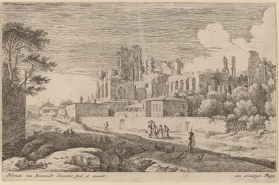 Landschaft mit Ruinen und einer Frau mit Sonnenschirm von Herman van Swanevelt