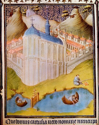 Kartäusermönche fangen und haken Fische in Fischteichen in Chartreuse, Frankreich, 15. Jahrhundert von Hermann Limbourg