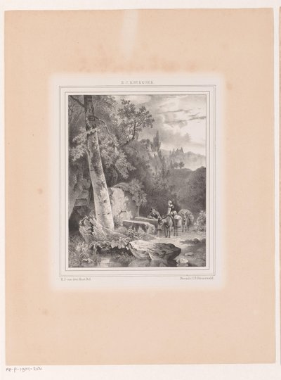 Landschaft mit Mann, Frau und zwei Eseln an einer Quelle von Hermanus Johannes van den Hout